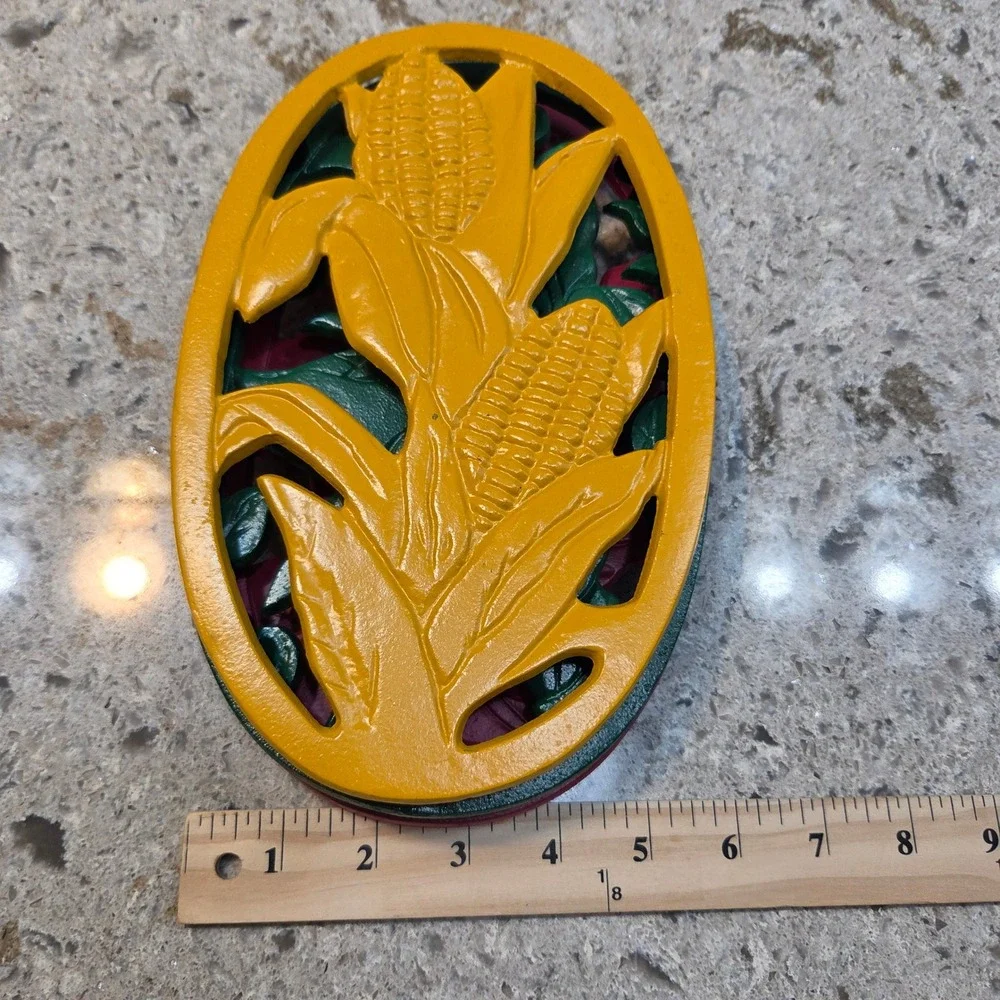 Vintage Cast Iron Vegetable Trivets Set of 3 Corn Peas Radish Multicolored